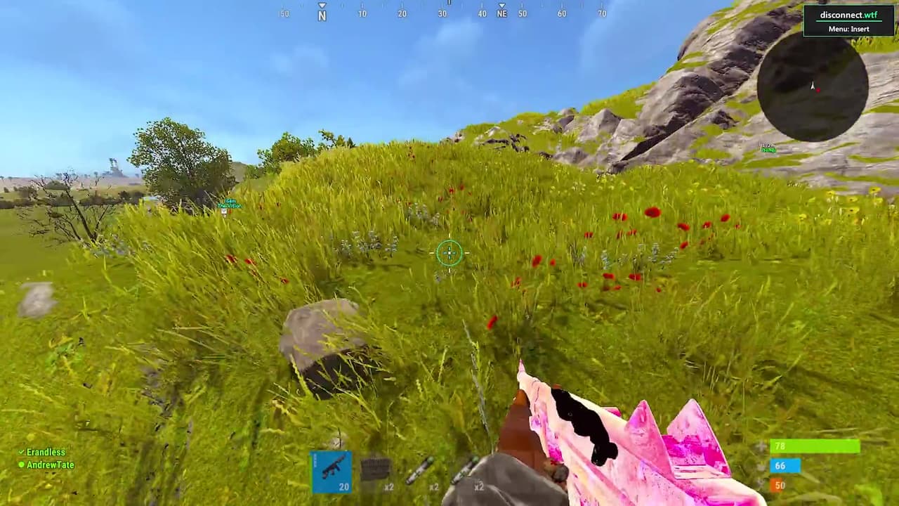 Rust cheats gameplay with purple-tinted ESP overlay
